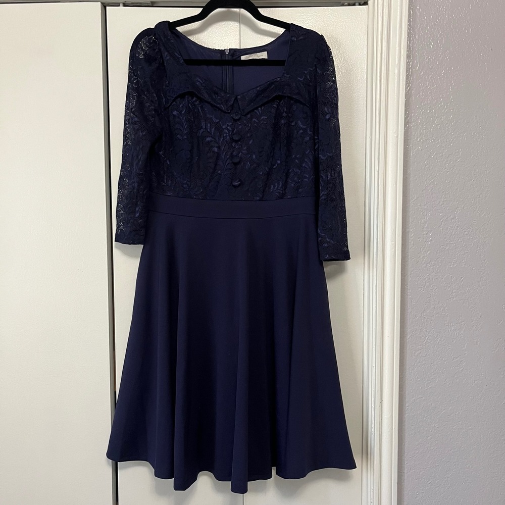 Belle Poque‎ Navy Blue Lace Button Front Fit Flare Dress Women Size L